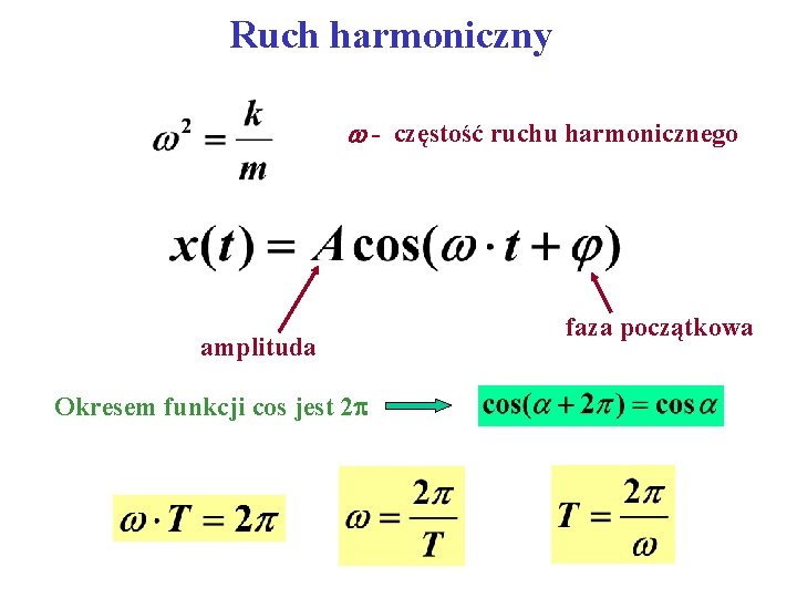 Ruch harmoniczny - częstość ruchu harmonicznego amplituda Okresem funkcji cos jest 2 faza początkowa