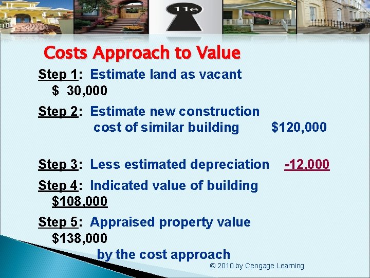 Costs Approach to Value Step 1: Estimate land as vacant $ 30, 000 Step