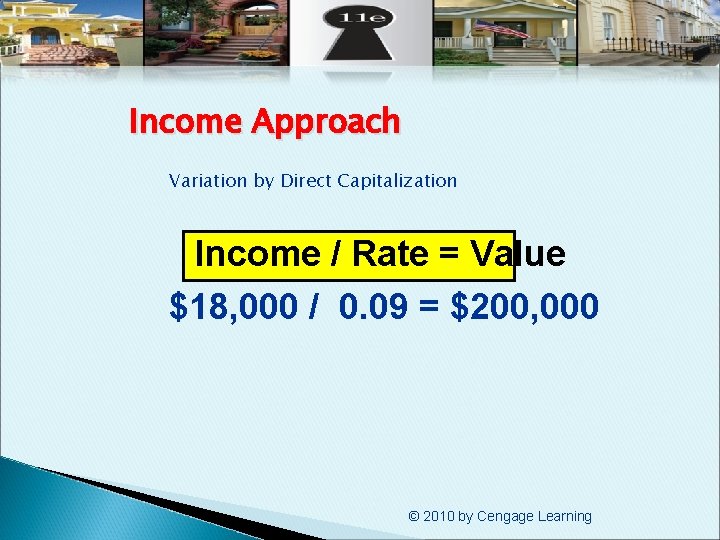 Income Approach Variation by Direct Capitalization Income / Rate = Value $18, 000 /
