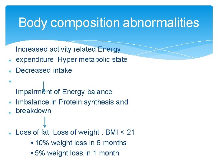 Body composition abnormalities Increased activity related Energy expenditure Hyper metabolic state Decreased intake Impairment