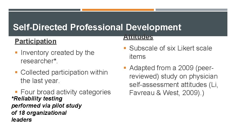 Self-Directed Professional Development Participation § Inventory created by the researcher*. § Collected participation within