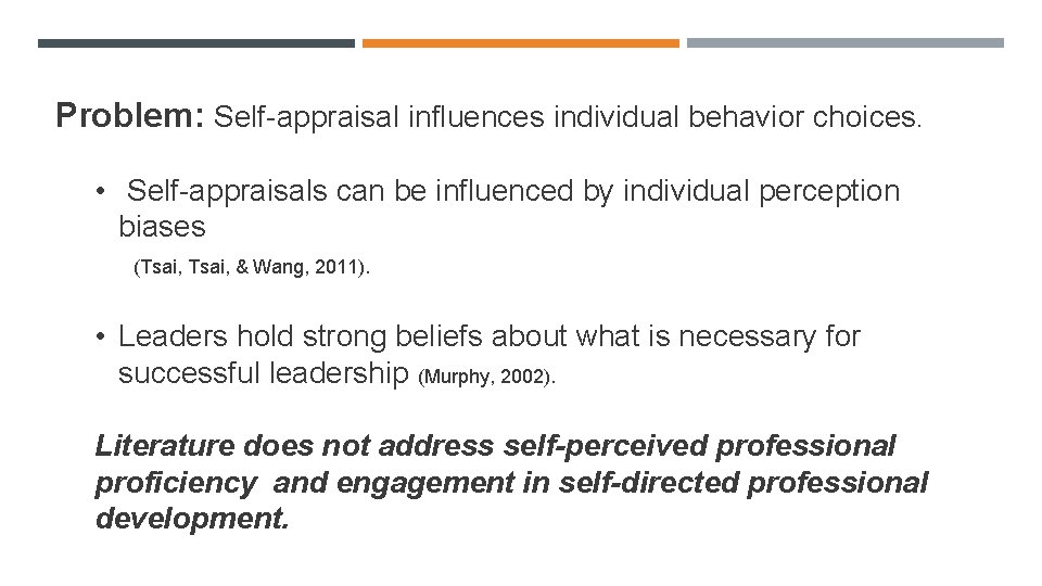 Problem: Self-appraisal influences individual behavior choices. • Self-appraisals can be influenced by individual perception