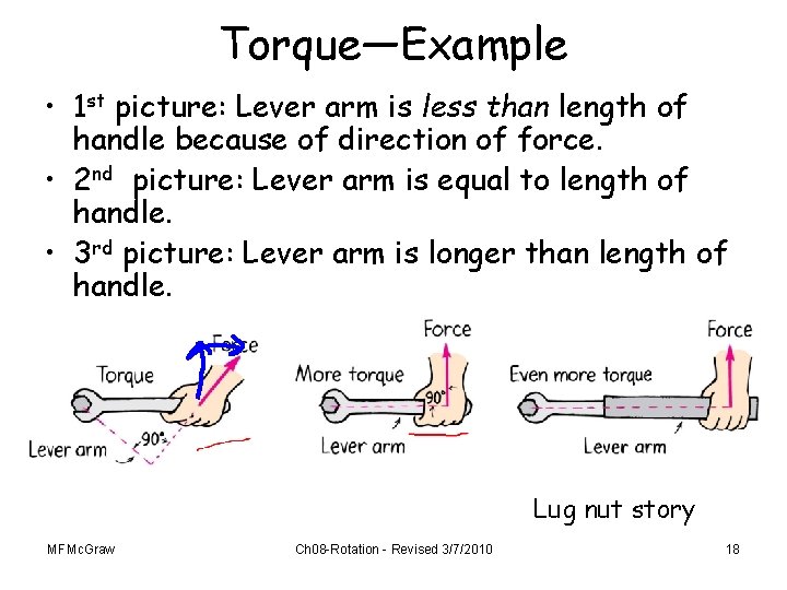 Torque—Example • 1 st picture: Lever arm is less than length of handle because