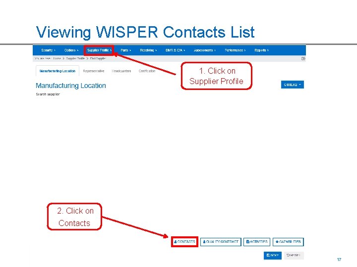 Viewing WISPER Contacts List 1. Click on Supplier Profile 2. Click on Contacts ©