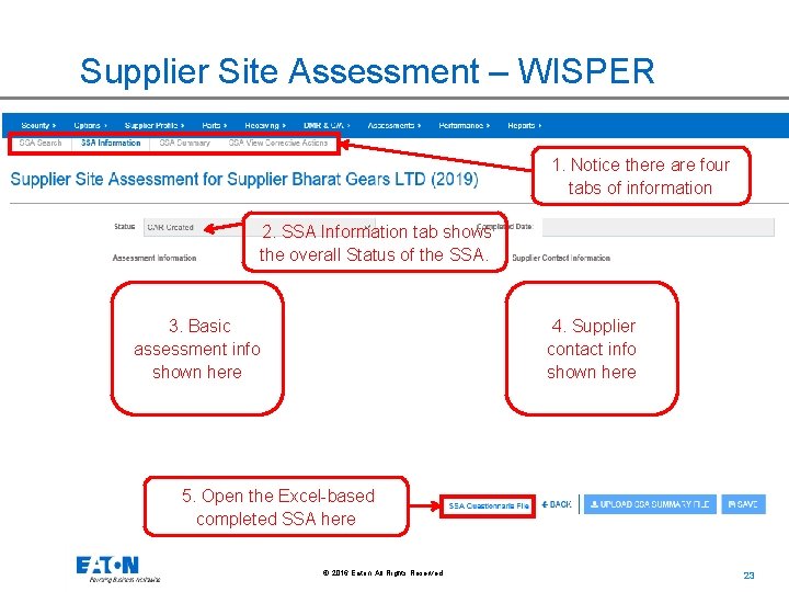 Supplier Site Assessment – WISPER 1. Notice there are four tabs of information 2.