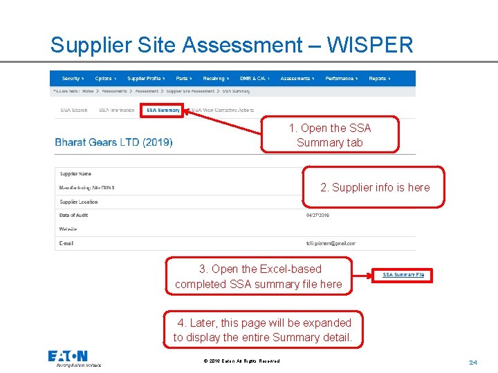 Supplier Site Assessment – WISPER 1. Open the SSA Summary tab 2. Supplier info