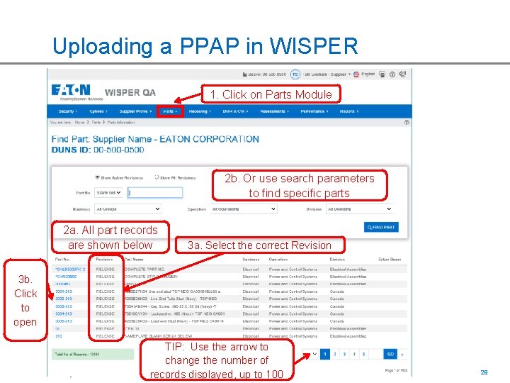 Uploading a PPAP in WISPER 1. Click on Parts Module 2 b. Or use