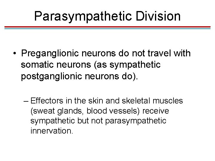 Parasympathetic Division • Preganglionic neurons do not travel with somatic neurons (as sympathetic postganglionic