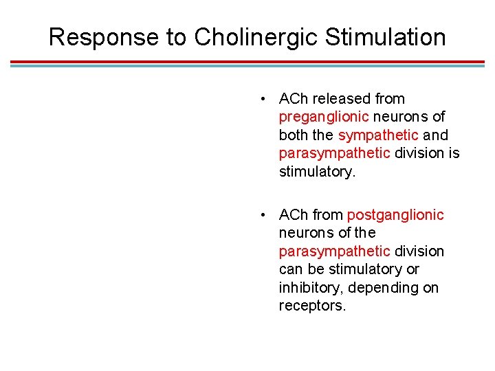 Response to Cholinergic Stimulation • ACh released from preganglionic neurons of both the sympathetic