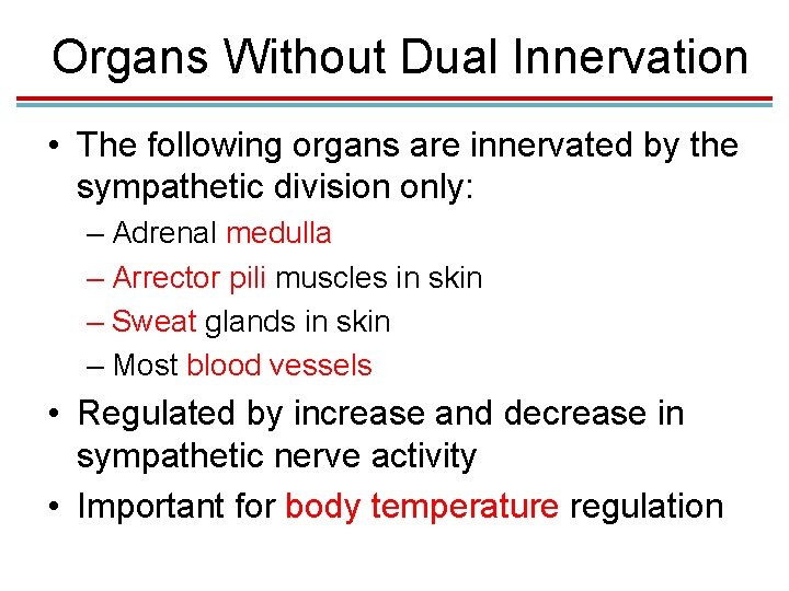 Organs Without Dual Innervation • The following organs are innervated by the sympathetic division
