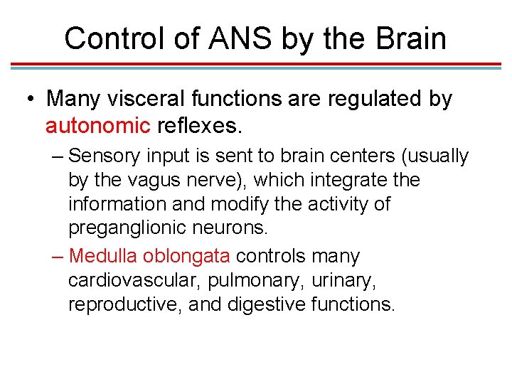 Control of ANS by the Brain • Many visceral functions are regulated by autonomic