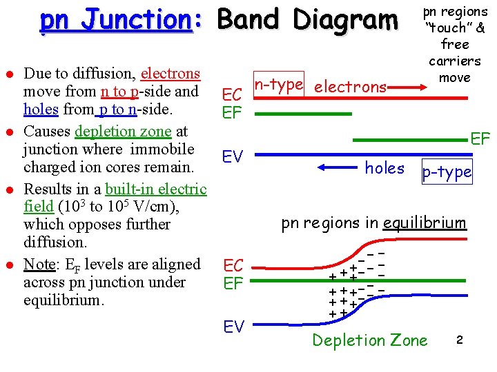 pn Junction: Band Diagram l l Due to diffusion, electrons move from n to