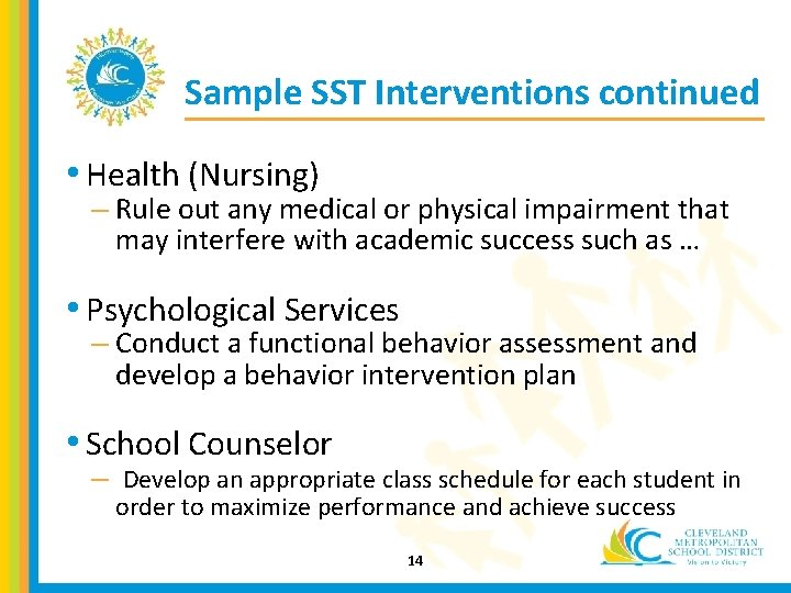 Sample SST Interventions continued • Health (Nursing) – Rule out any medical or physical