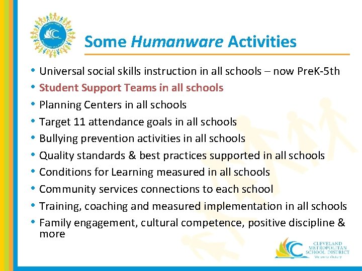 Some Humanware Activities • • • Universal social skills instruction in all schools –