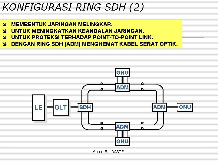 KONFIGURASI RING SDH (2) î î MEMBENTUK JARINGAN MELINGKAR. UNTUK MENINGKATKAN KEANDALAN JARINGAN. UNTUK