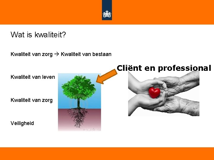 Wat is kwaliteit? Kwaliteit van zorg Kwaliteit van bestaan Cliënt en professional Kwaliteit van