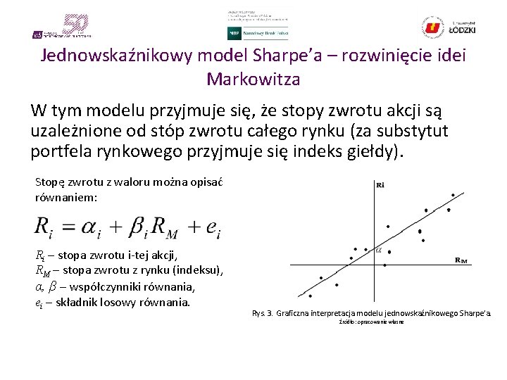Jednowskaźnikowy model Sharpe’a – rozwinięcie idei Markowitza W tym modelu przyjmuje się, że stopy