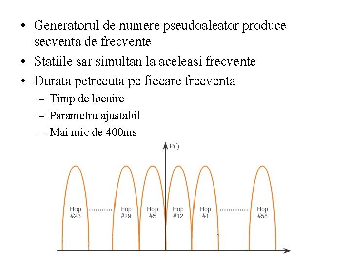  • Generatorul de numere pseudoaleator produce secventa de frecvente • Statiile sar simultan