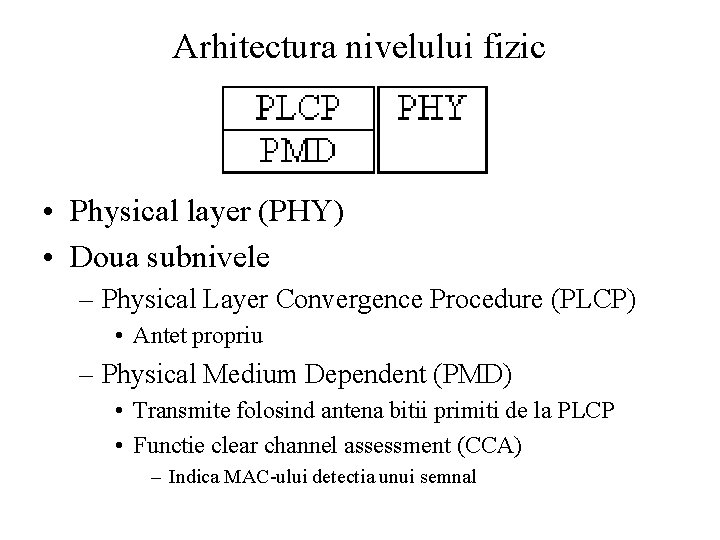 Arhitectura nivelului fizic • Physical layer (PHY) • Doua subnivele – Physical Layer Convergence