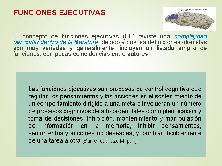 FUNCIONES EJECUTIVAS El concepto de funciones ejecutivas (FE) reviste una complejidad particular dentro de