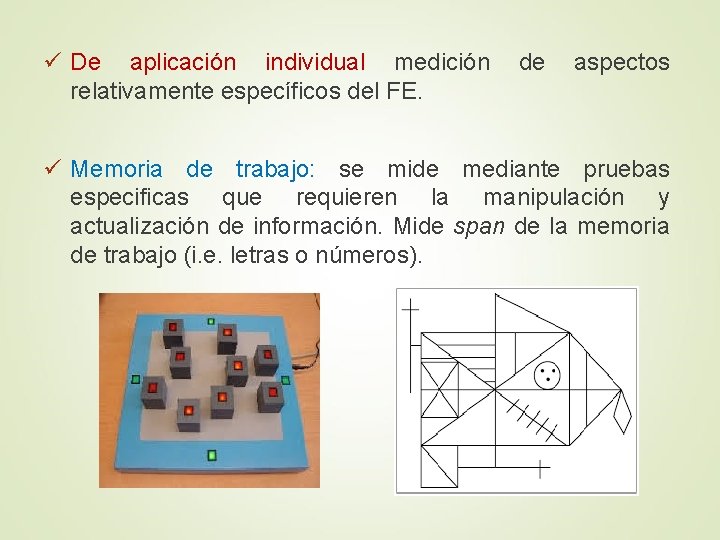 ü De aplicación individual medición de aspectos relativamente específicos del FE. ü Memoria de