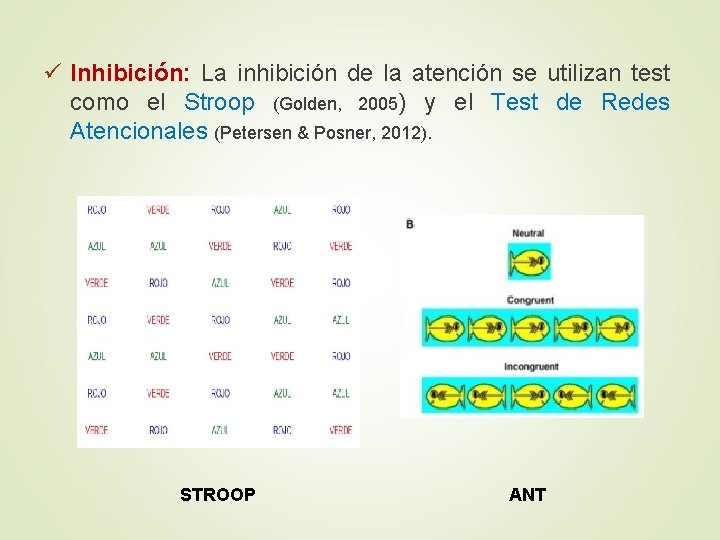 ü Inhibición: La inhibición de la atención se utilizan test como el Stroop (Golden,