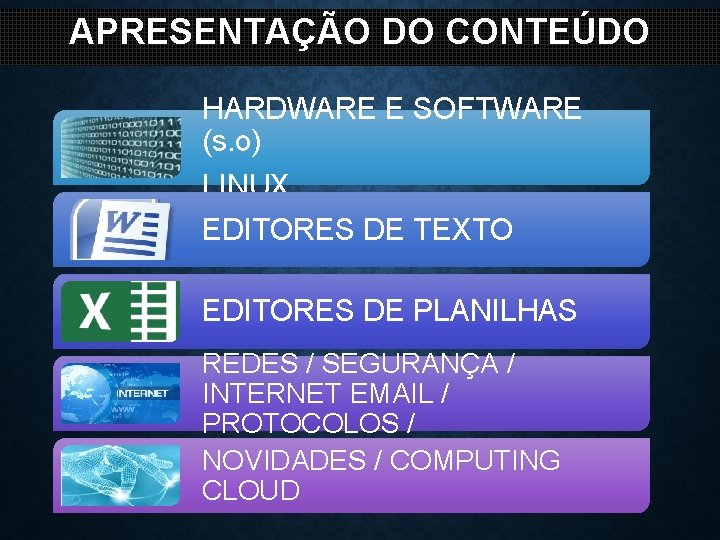 APRESENTAÇÃO DO CONTEÚDO HARDWARE E SOFTWARE (s. o) LINUX EDITORES DE TEXTO EDITORES DE