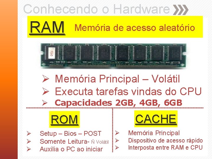 Conhecendo o Hardware RAM Memória de acesso aleatório Ø Memória Principal – Volátil Ø