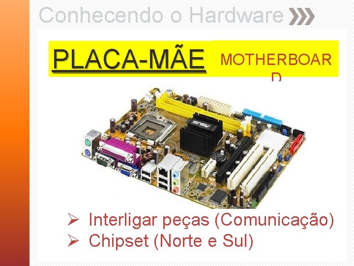 Conhecendo o Hardware PLACA-MÃE MOTHERBOAR D Ø Interligar peças (Comunicação) Ø Chipset (Norte e