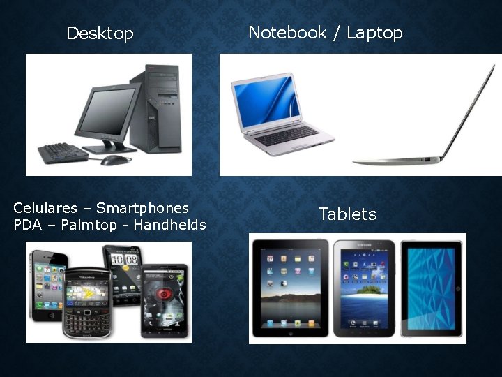 Desktop Celulares – Smartphones PDA – Palmtop - Handhelds Notebook / Laptop Tablets 