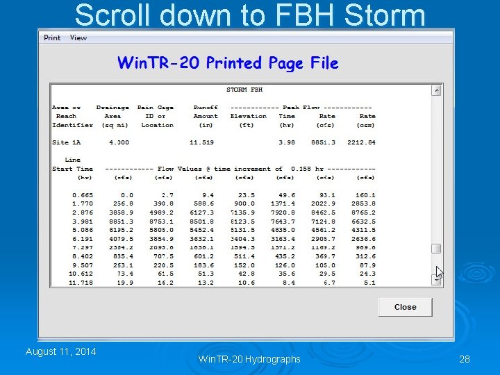 Scroll down to FBH Storm August 11, 2014 Win. TR-20 Hydrographs 28 