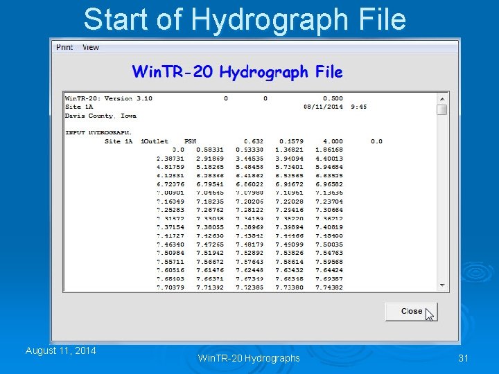 Start of Hydrograph File August 11, 2014 Win. TR-20 Hydrographs 31 