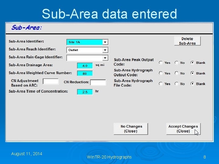 Sub-Area data entered August 11, 2014 Win. TR-20 Hydrographs 8 