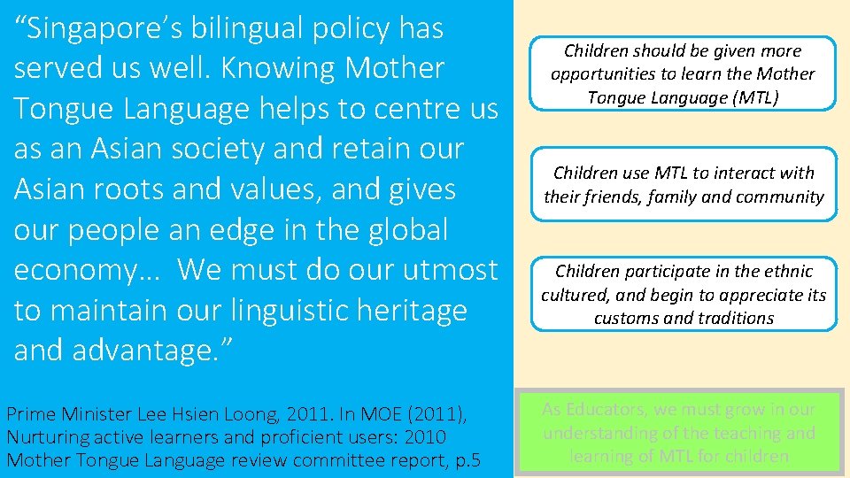 “Singapore’s bilingual policy has served us well. Knowing Mother Tongue Language helps to centre