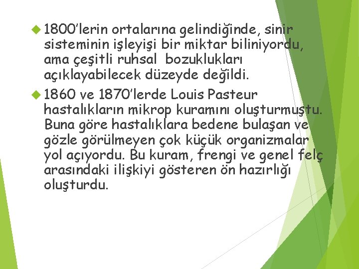  1800’lerin ortalarına gelindiğinde, sinir sisteminin işleyişi bir miktar biliniyordu, ama çeşitli ruhsal bozuklukları