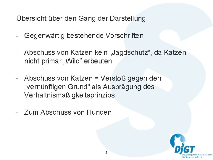 Übersicht über den Gang der Darstellung - Gegenwärtig bestehende Vorschriften - Abschuss von Katzen