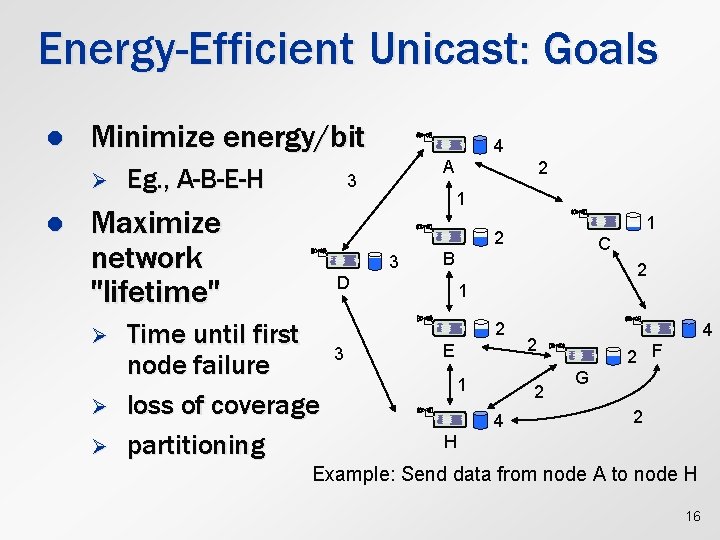 Energy-Efficient Unicast: Goals l Minimize energy/bit Ø l Eg. , A-B-E-H Ø Ø A