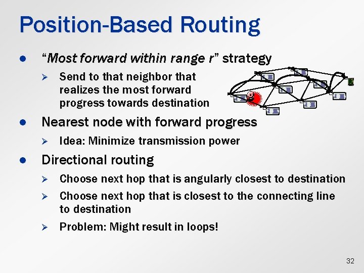 Position-Based Routing l “Most forward within range r” strategy Ø l Nearest node with