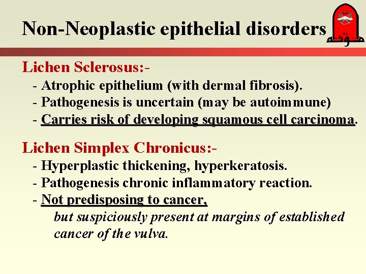 Non-Neoplastic epithelial disorders Lichen Sclerosus: - Atrophic epithelium (with dermal fibrosis). - Pathogenesis is