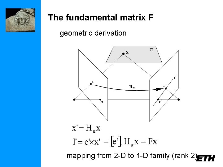 The fundamental matrix F geometric derivation mapping from 2 -D to 1 -D family