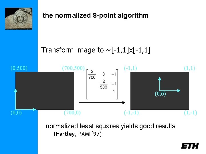 the normalized 8 -point algorithm Transform image to ~[-1, 1]x[-1, 1] (0, 500) (700,