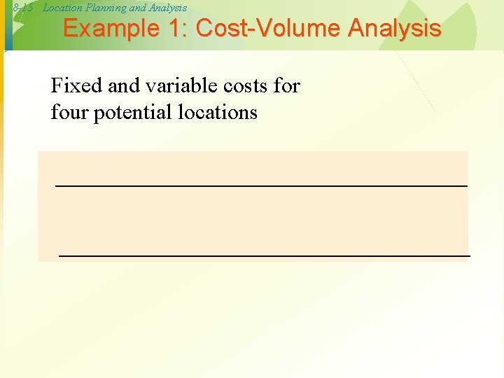 8 -15 Location Planning and Analysis Example 1: Cost-Volume Analysis Fixed and variable costs