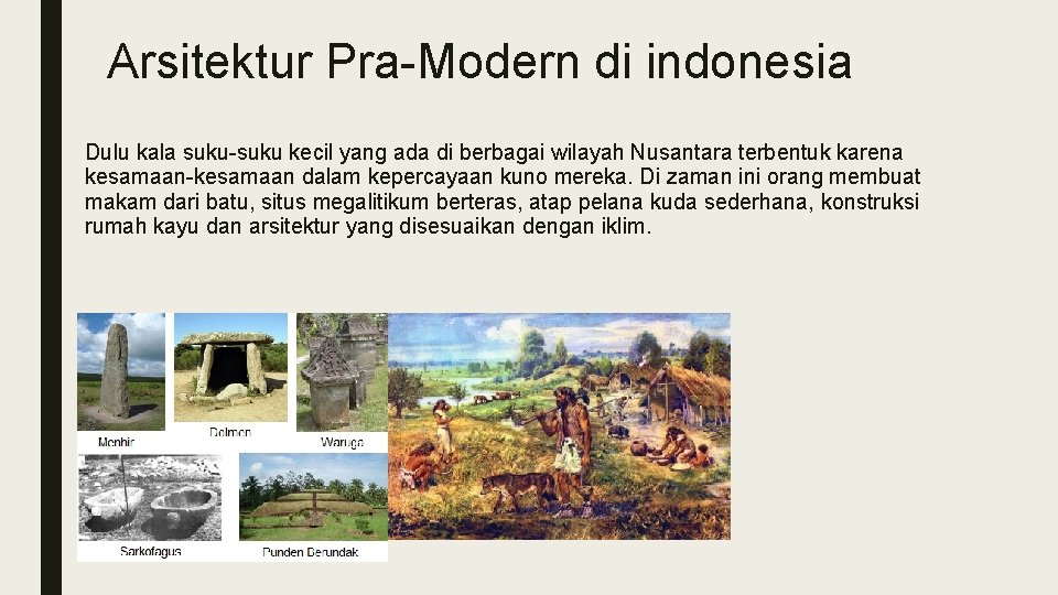Arsitektur Pra-Modern di indonesia Dulu kala suku-suku kecil yang ada di berbagai wilayah Nusantara