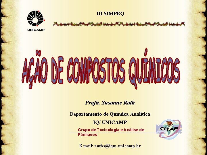 III SIMPEQ Profa. Susanne Rath Departamento de Química Analítica IQ/ UNICAMP Grupo de Toxicologia