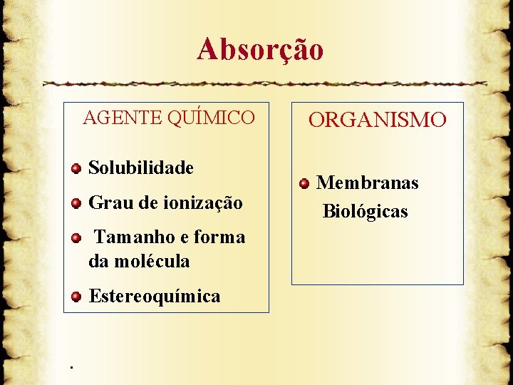 Absorção AGENTE QUÍMICO Solubilidade Grau de ionização Tamanho e forma da molécula Estereoquímica .