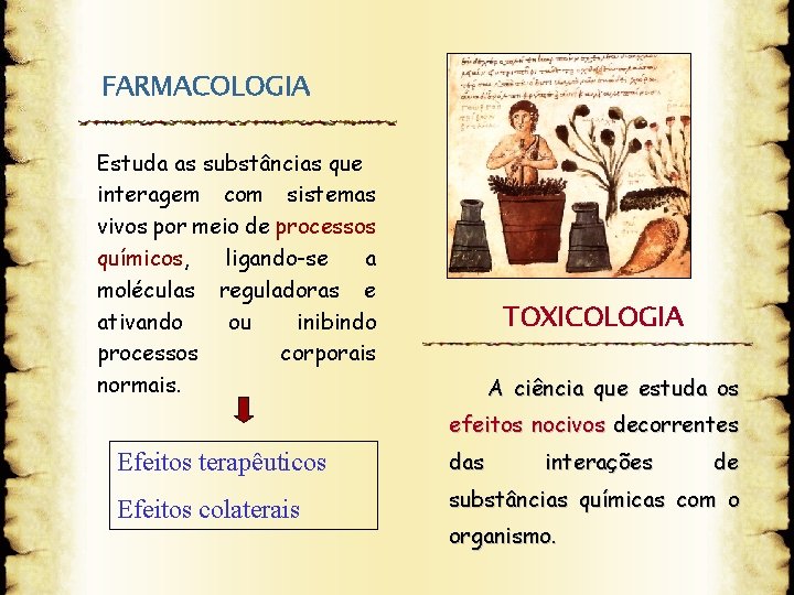 FARMACOLOGIA Estuda as substâncias que interagem com sistemas vivos por meio de processos químicos,