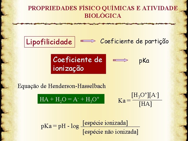 PROPRIEDADES FÍSICO QUÍMICAS E ATIVIDADE BIOLÓGICA Lipofilicidade Coeficiente de partição Coeficiente de ionização p.