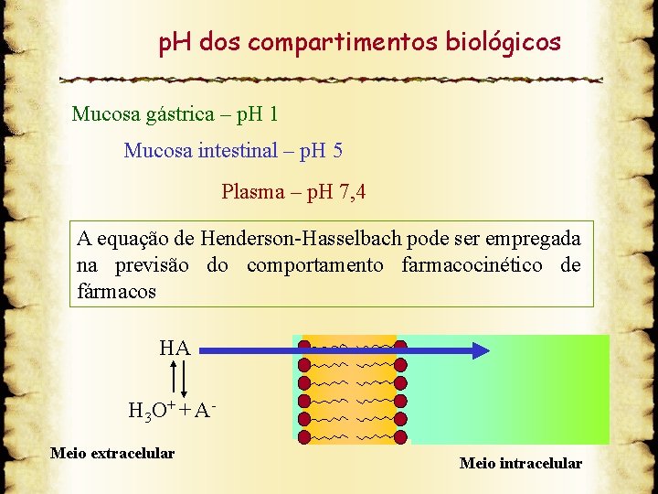 p. H dos compartimentos biológicos Mucosa gástrica – p. H 1 Mucosa intestinal –