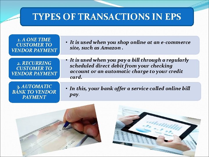 TYPES OF TRANSACTIONS IN EPS 1. A ONE TIME CUSTOMER TO VENDOR PAYMENT •