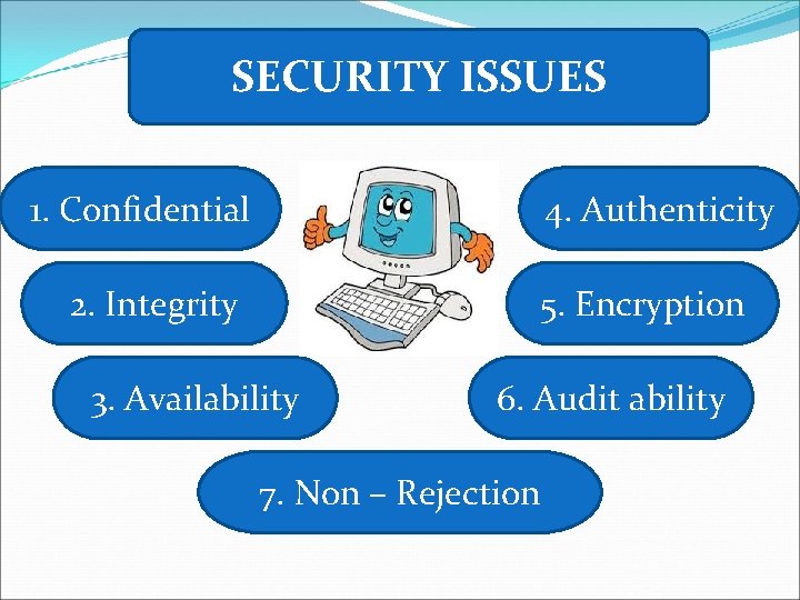 SECURITY ISSUES 1. Confidential 4. Authenticity 2. Integrity 5. Encryption 3. Availability 6. Audit SECURITY ISSUES 1. Confidential 4. Authenticity 2. Integrity 5. Encryption 3. Availability 6. Audit